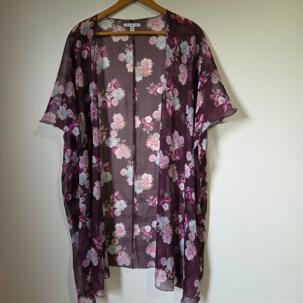 EUC AMERICAN EAGLE OUTFITTERS PURPLE FLORAL LIGHT WEIGHT OPEN KIMONO TOP XS / SM